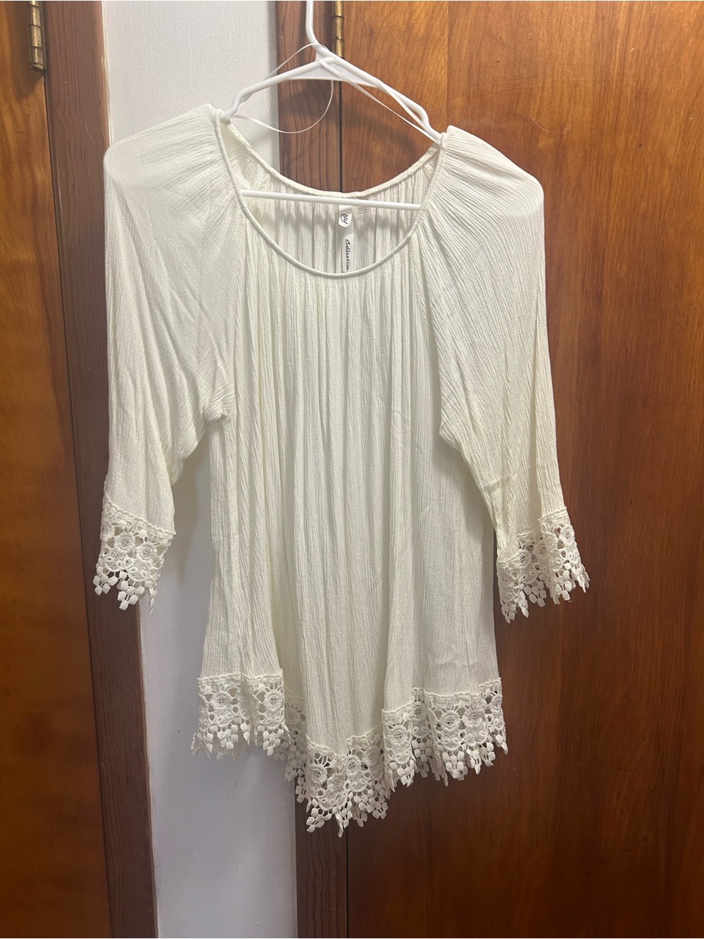 NY Collection Cream Crochet-Hem Peasant Tunic